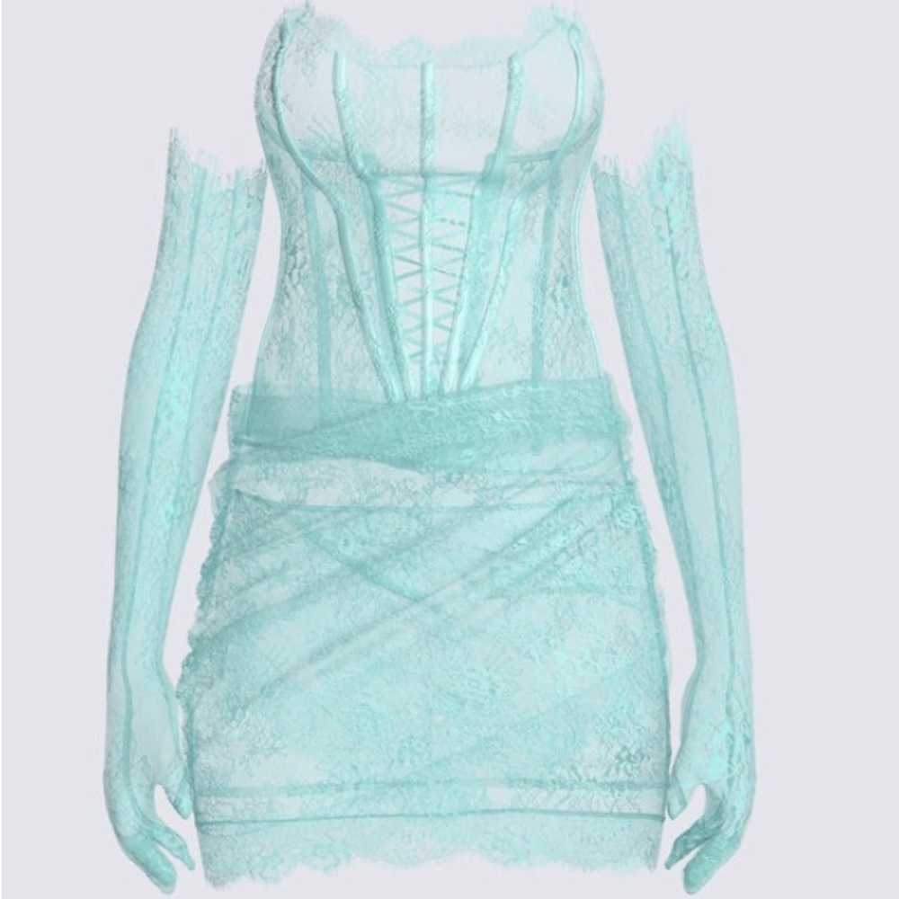 Aquamarine Lace Mini Dress with Gloves